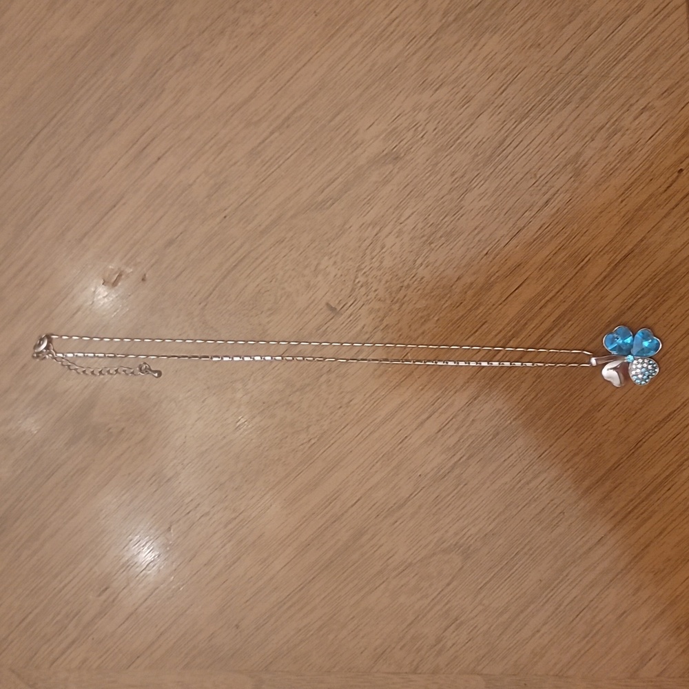 4 leaf clover necklace, blue and clear Swarovski crystals, pre owned